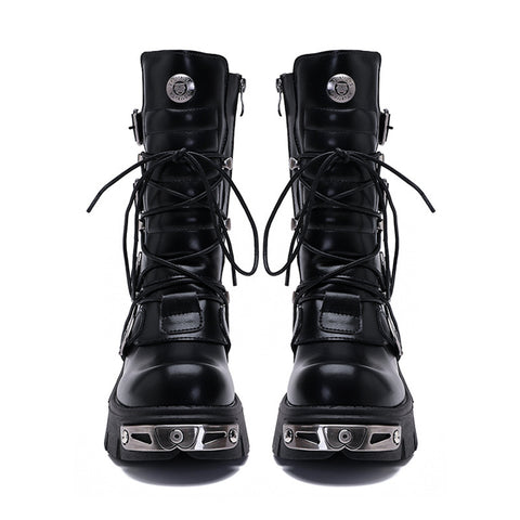 CrazycatZ Womens  Vegan Leather metallic Buckled boots,Vintage Punk Boots