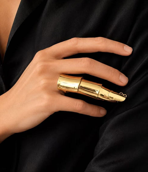Sculptural Gold Armor Ring | Elongated Finger Statement Jewelry