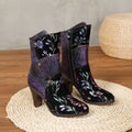 CrazycatZ Womens Leather Ankle Boots Bohemian Block Heel Colorful Floral Leather Boots Purple Flower