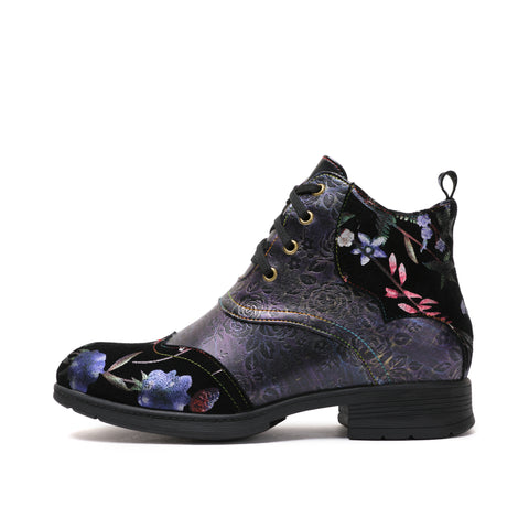 CrazycatZ Womens Leather Ankle Boots Bohemian Sporty Colorful Leahter Boots Purple Floral