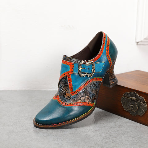 CrazycatZ Leather Pumps,Womens Colorful Vintage Block Heel Oxford Vintage Shoes Pumps Multi