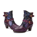 CrazycatZ Womens Leather Ankle Boots Bohemian Block Heel Colorful Floral Leather Boots Purple