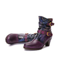 CrazycatZ Womens Leather Ankle Boots Bohemian Block Heel Colorful Floral Leather Boots Purple