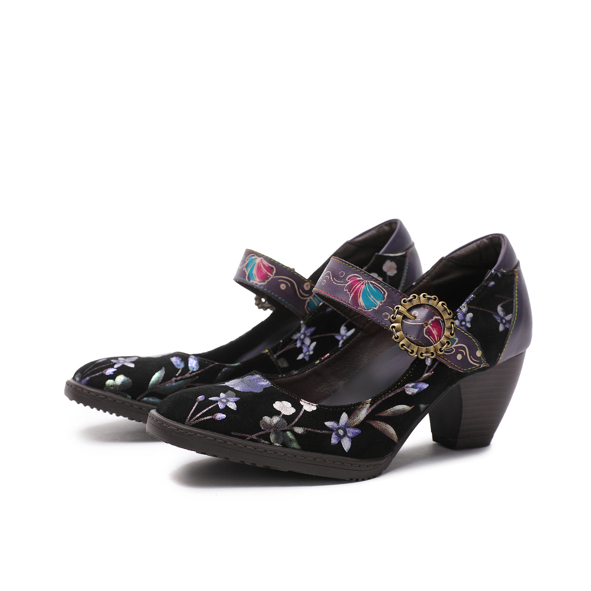 SOCOFY Women Leather Mary Jane Shoes Colorful Leather Oxfords Vintage Leather Pumps Womens Colorful Patchword Block Heel Pumps Mid Kitten Heel Pumps Shoes Ankle Strap Wedding Dress Evening Party