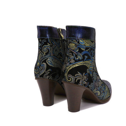 CrazycatZ Womens  Boots Bohemian Block Heel Leather Western Boots Colorful Leather Bootie Blue
