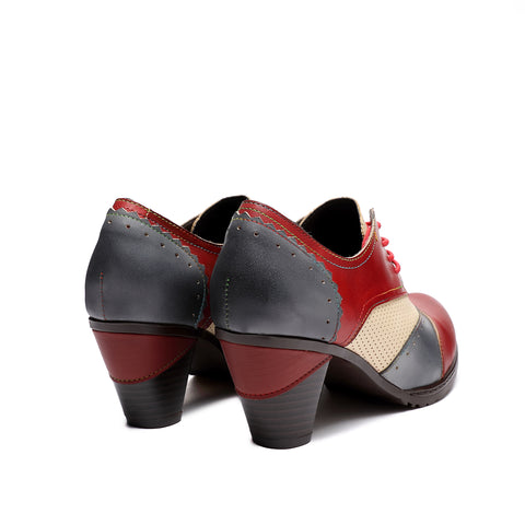 CrazycatZ Leather Pumps,Women Colorful Vintage Block Heel Oxford Vintage Shoes Color Blocking Oxford Shoes