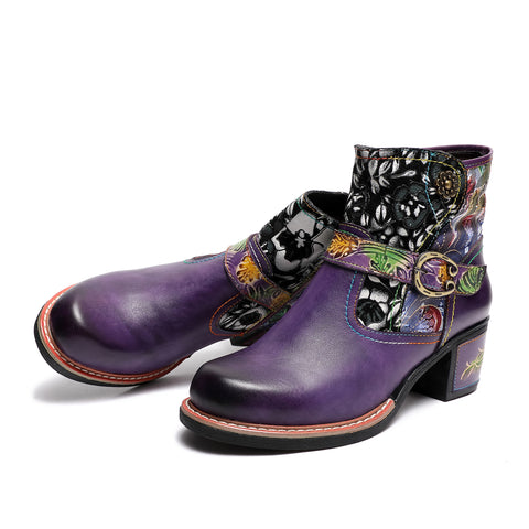 CrazycatZ Womens  Boots Bohemian Block Heels Leather Western Boots Colorful Leather Ankle Boots Dark Purple