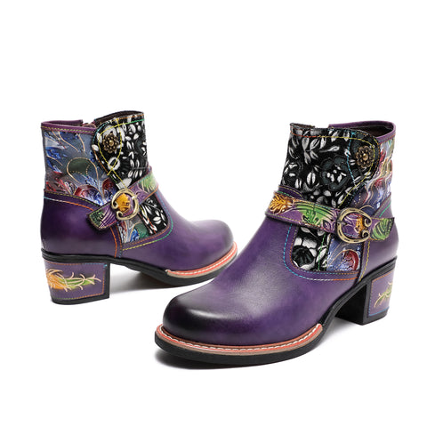 CrazycatZ Womens  Boots Bohemian Block Heels Leather Western Boots Colorful Leather Ankle Boots Dark Purple