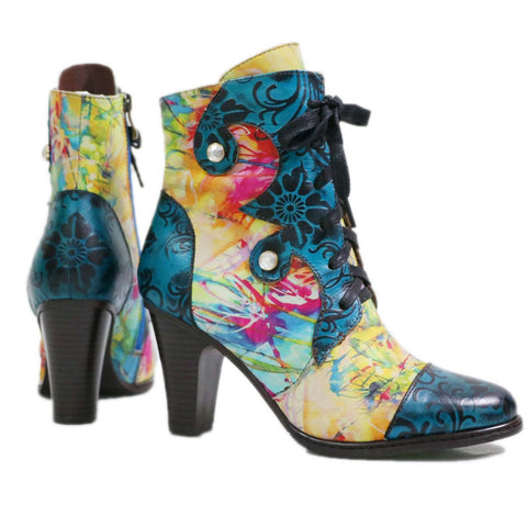 CrazycatZ Womens Leather Ankle Boots Bohemian Block Heel Colorful Floral Leather Boots Light Green