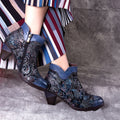CrazycatZ Womens Leather Ankle Boots Bohemian Block Heel Colorful Floral Leather Boots Navy