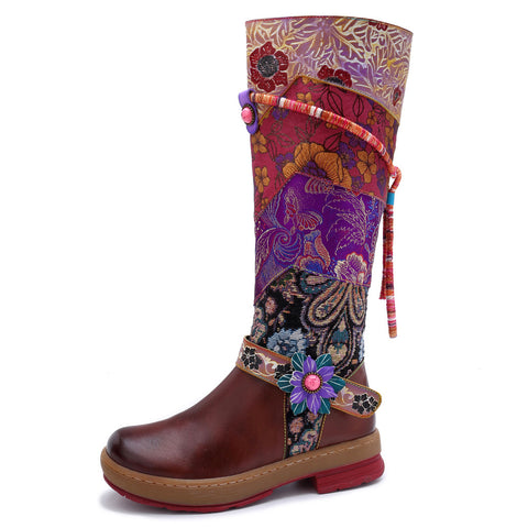 CrazycatZ Womens Leather Bohemian Knee High Boots Patterned Long Vintage Boots