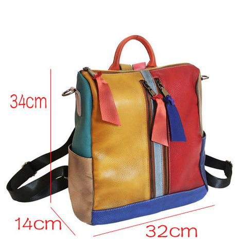 Women's Leather Bohemian Backpack Patchwork Handbag Laptop Bag Colorful Backpack