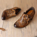 CrazycatZ Leather Pumps,Women Colorful Vintage Block Heel Oxford Vintage Floral Shoes Brown