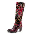 CrazycatZ Womens Leather Bohemian Knee High Boots Patterned Long Boots Vintage Boots Red