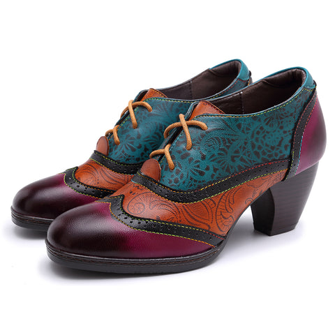 CrazycatZ Leather Pumps,Womens Colorful Vintage Block Heel Oxford Vintage Shoes Pumps