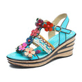 CrazycatZ Leather Wedged Roman Sandals,Women Leather Bohemian Colorful Floral Sandal 1005