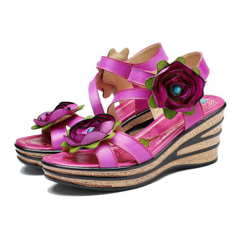 CrazycatZ Leather Wedged Roman Sandals,Women Leather Bohemian Colorful Floral Sandal 1004