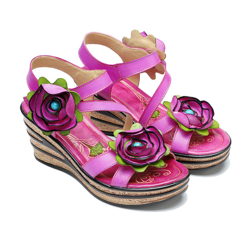 CrazycatZ Leather Wedged Roman Sandals,Women Leather Bohemian Colorful Floral Sandal 1004