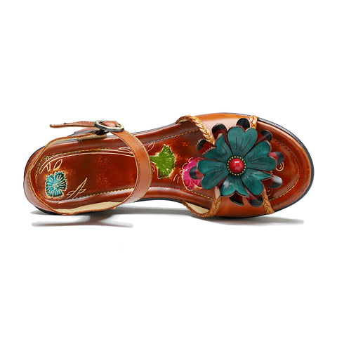 CrazycatZ Leather WedgedRoman Sandals,Women Leather Bohemian Colorful Floral Sandal 1003