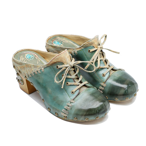 CrazycatZ Leather Block Heel Clog Sandals,Women Leather Bohemian Colorful Clog Jean Blue