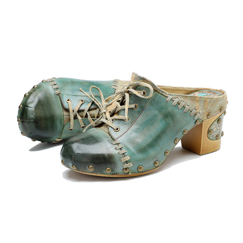 CrazycatZ Leather Block Heel Clog Sandals,Women Leather Bohemian Colorful Clog Jean Blue
