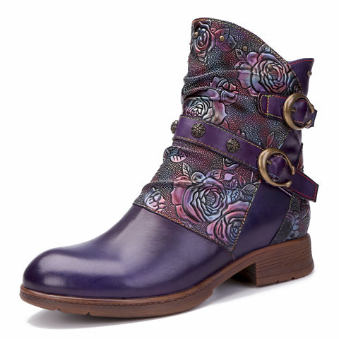 CrazycatZ Womens Ankle Boots Block Heel Leather Western Boots Colorful Leather Boots Purple