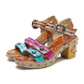 CrazycatZ Leather Block Heel Roman Sandals,Women Leather Bohemian Colorful Sandal 1008