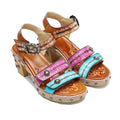 CrazycatZ Leather Block Heel Roman Sandals,Women Leather Bohemian Colorful Sandal 1008