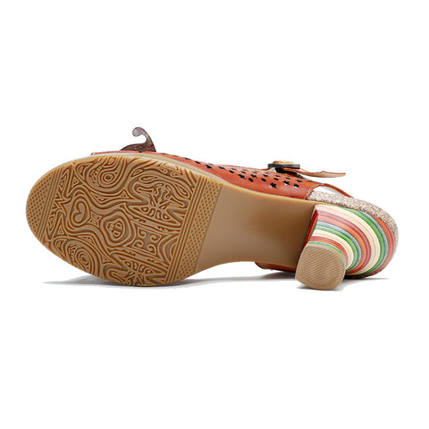 CrazycatZ Leather Block Heel Roman Sandals,Women Leather Bohemian Colorful Sandal 1011