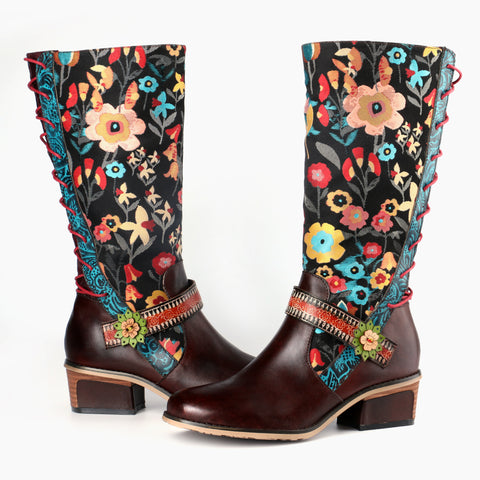 CrazycatZ Womens Leather Bohemian Knee High Boots Floral Patterned Long Boots