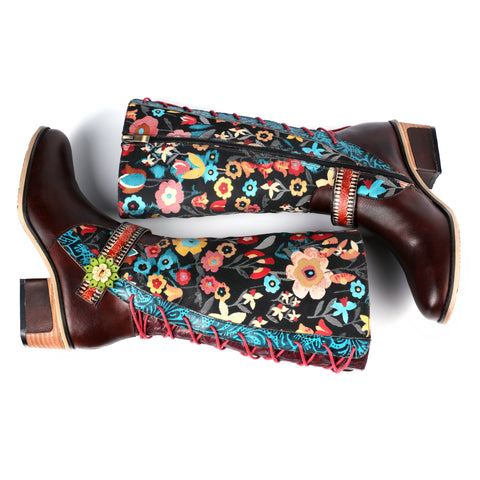 CrazycatZ Womens Leather Bohemian Knee High Boots Floral Patterned Long Boots