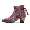 CrazycatZ Womens Leather Ankle Boots Bohemian Block Heel Colorful Patterned Leather Boots Red