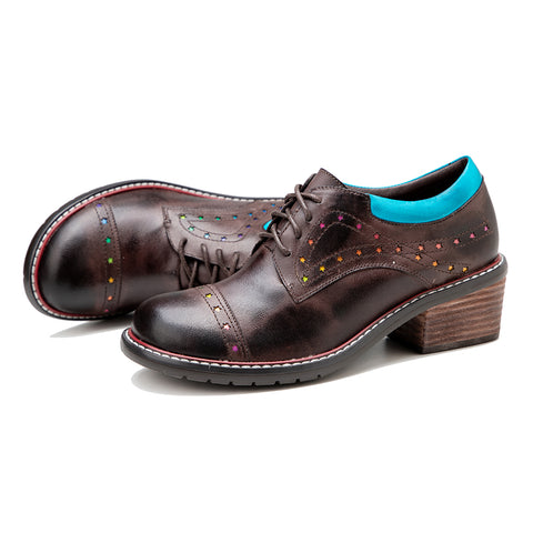 CrazycatZ Women's Leather Oxford Shoes Colorful Leather Oxfords Vintage Shoes Coffee