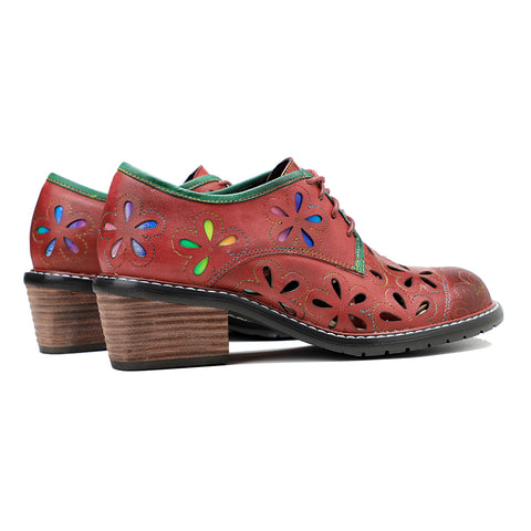 CrazycatZ Women's Leather Oxford Shoes Perforated Wingtip Colorful Leather Oxfords Shoes Red