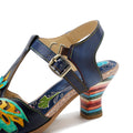 CrazycatZ Leather Block Heel Sandals,Women Leather Bohemian Colorful Sandal Navy