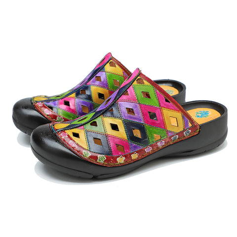 CrazycatZ Leather Clogs,Women Leather Bohemian Colorful Slide Sandal Mules