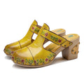 CrazycatZ Leather Block Heel Clog Sandals,Women Leather Bohemian Colorful Clog Yellow