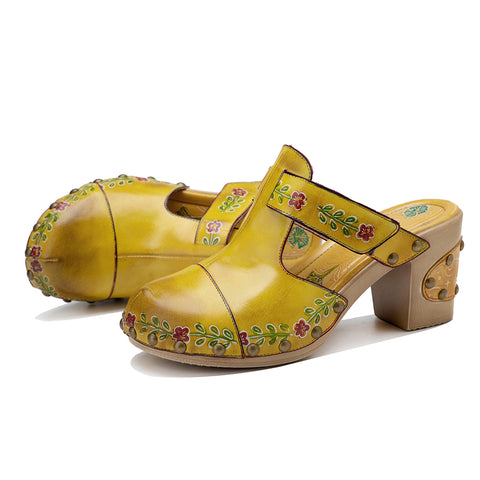 CrazycatZWomens Leather Clogs Sandals, Colorful Bohemian Mules Platform Block Heels Leather Clogs Shoes Green