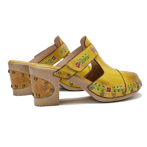 CrazycatZ Leather Block Heel Clog Sandals,Women Leather Bohemian Colorful Clog Yellow