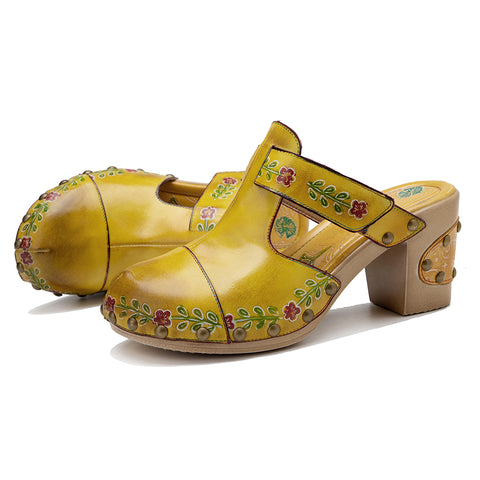 CrazycatZWomens Leather Clogs Sandals, Colorful Bohemian Mules Platform Block Heels Leather Clogs Shoes Green