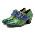 CrazycatZ Leather Pumps,Womens Colorful Vintage Block Heel Oxford Vintage Shoes Pumps Green