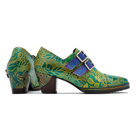 CrazycatZ Leather Pumps,Womens Colorful Vintage Block Heel Oxford Vintage Shoes Pumps Green