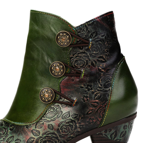 CrazycatZ Womens Leather Ankle  Boots Colorful Leather Buttoned Vintage Boots Block Heels Green