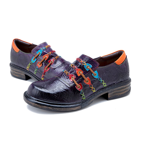 CrazycatZ Women's Leather Oxford Shoes Perforated Lace-up Wingtip Multicolor Leather Oxfords Vintage Oxford Shoes Dark Purple