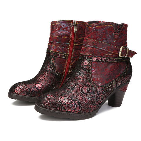 CrazycatZ Womens  Boots Vintage Block Heel Leather Western Boots Colorful Leather Boots  Red