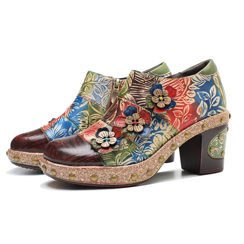 CrazycatZ Leather Pumps,Womens Colorful Vintage Block Heel Oxford Vintage Shoes Pumps 303