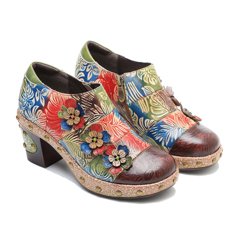 CrazycatZ Leather Pumps,Womens Colorful Vintage Block Heel Oxford Vintage Shoes Pumps 303