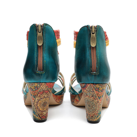 CrazycatZ Leather Block Heel Roman Sandals,Women Leather Bohemian Colorful Sandal 1001