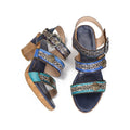 CrazycatZ Leather Block Heel Sandals,Women Leather Bohemian Colorful Sandal Blue