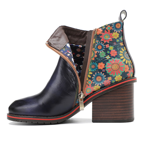 CrazycatZ Womens  Boots Floral Block Heel Leather Western Boots Colorful Leather Boots 305